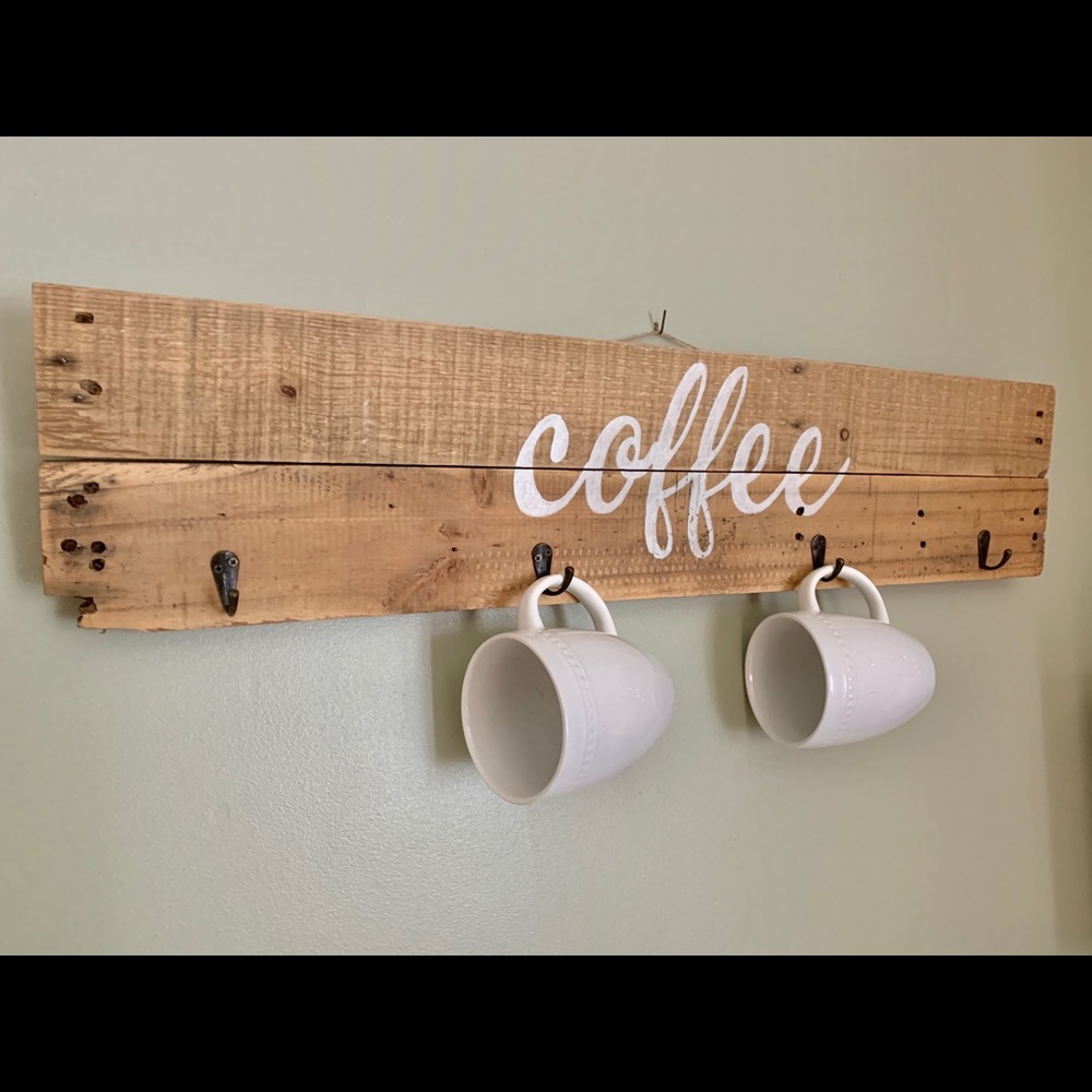 Reclaimed Wood Coffee Sign W Mug Hooks - Picture 1 of 5
